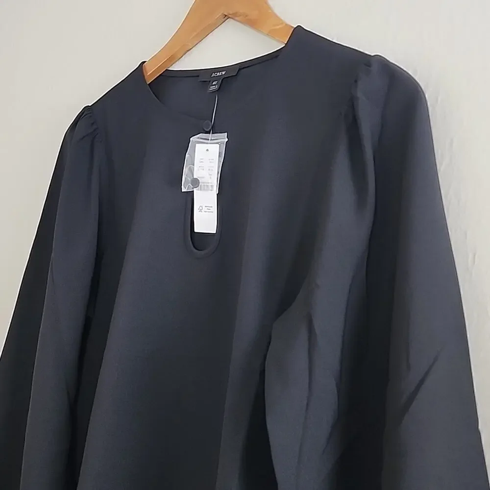 J. Crew Black Puff Sleeve Top Satin Back Crepe Keyhole Blouse NWT Small Tall ST